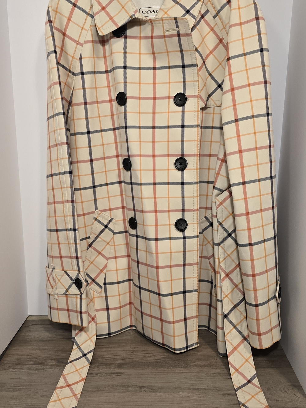 COACH Cream Plaid Double-Breasted Trench Coat with Navy & Rust Check
